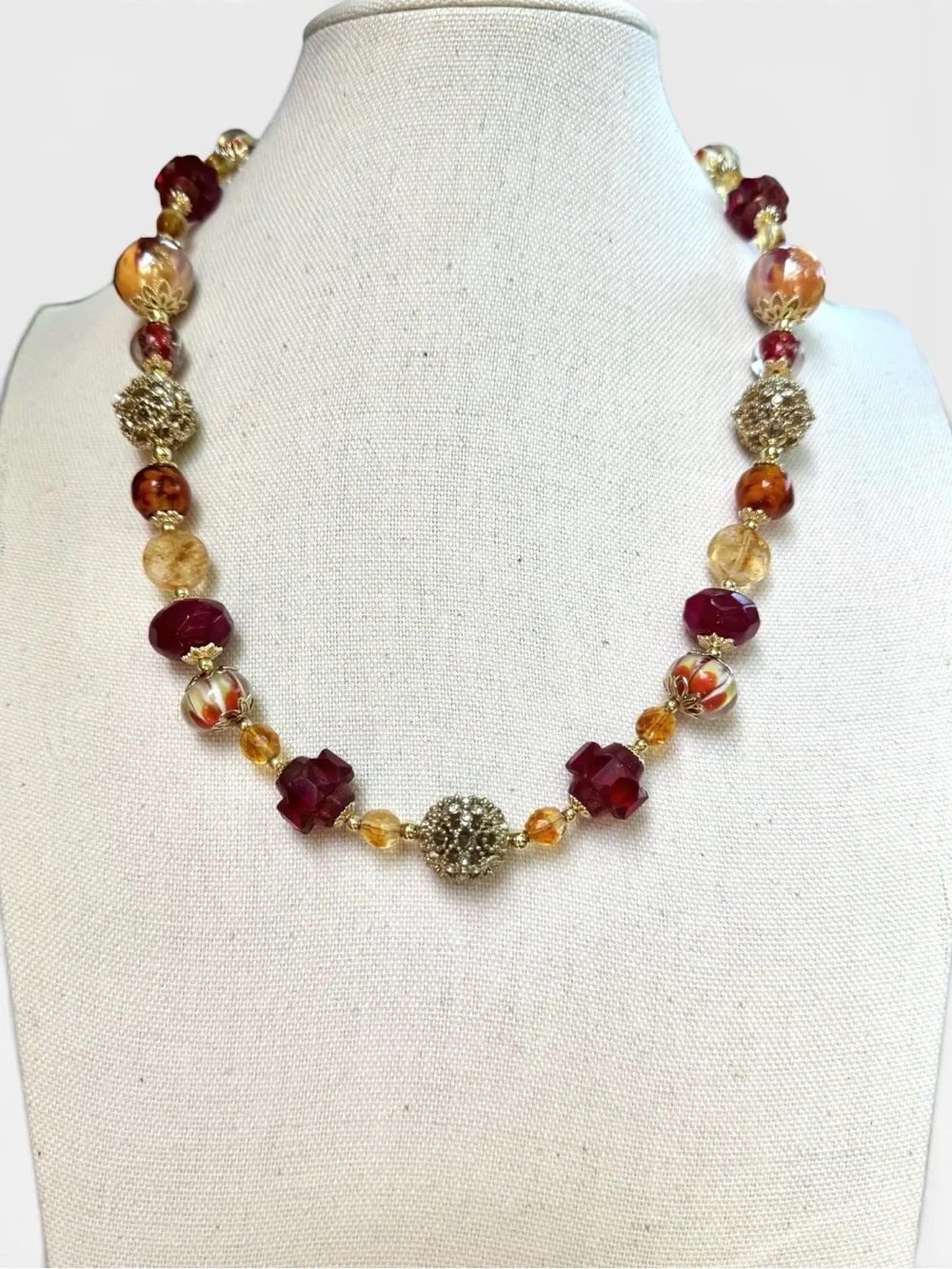 ARTISAN Lampwork Glass, Czech Glass, Ruby & Citrine Necklace